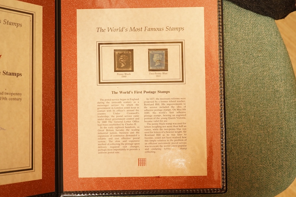 A collection of six 19th century stamps to include 1840 First Edition Two-Penny Blue, 1841 Two-Penny Blue in unused condition, 1841 used Two-Penny Blue, 1840 used Penny Black, 1841 Imperforate Penny Red and 1858-1870 Per